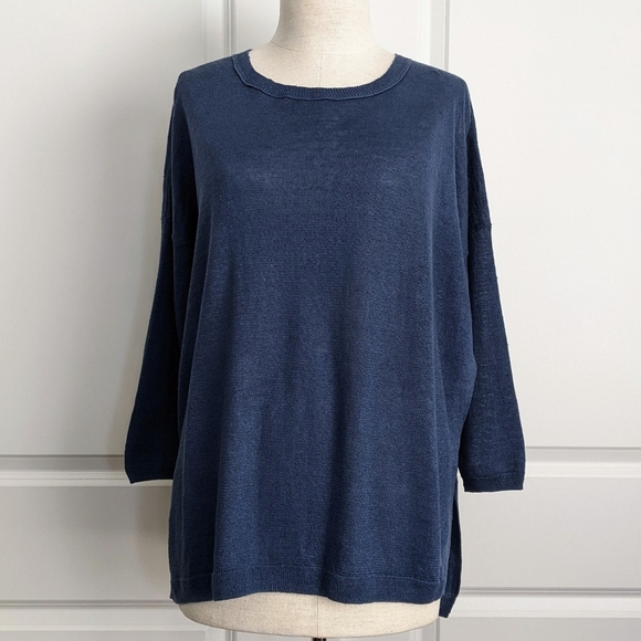 360 Sweater 100% Linen Lightweight Woven Star 3/4 Sleeve Blue White Star M NWT - Picture 2 of 16